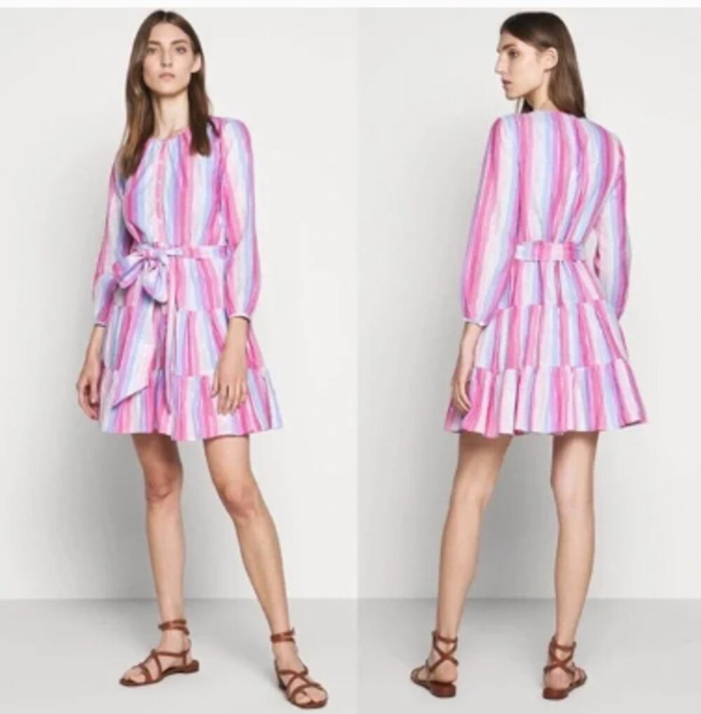 J.CREW Veda Striped Raibow Pastel Pink Blue Tiered Mini Dress Long Sleeve XS